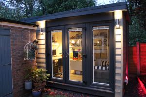 Contact The Green Room - Garden Office/Hobby Room in olive and anthracite grey.