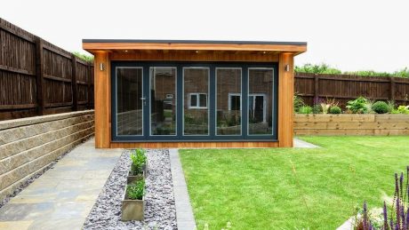 Western Red Cedar Garden Building with Slide and Pivot Aluminium Doors